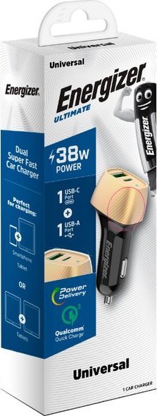Karikues veture Energizer Ultimate, 38W, USB C PD dhe USB A QC3.0, ari e zezë