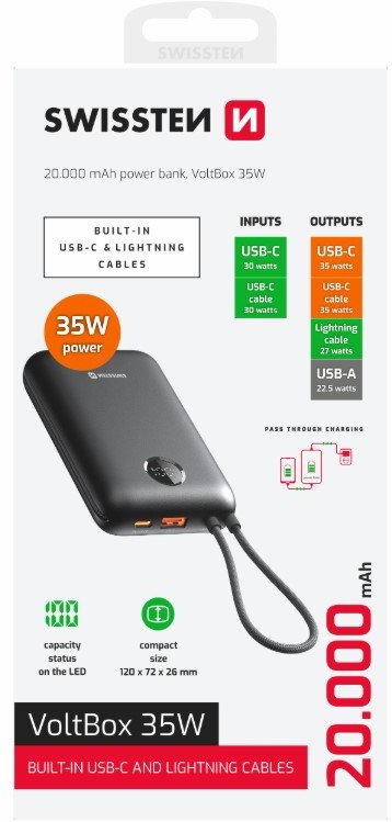 Powerbank Swissten Voltbox 35W, 20000 mAh, kabllo USB C dhe Lightning, i zi
