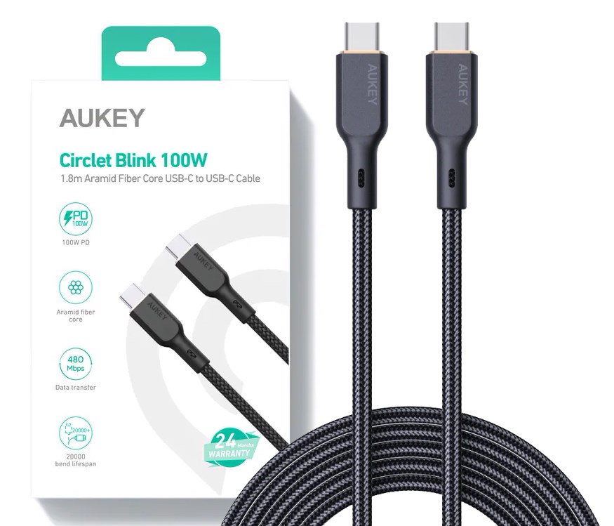 Kabllo Aukey, USB C / USB C, 1.8 m, e zezë