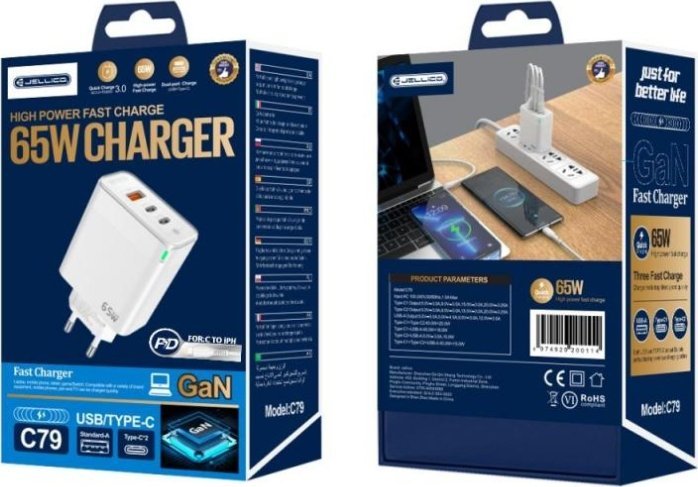 Karikues muri Jellico Fast Charger Quick 65W, 2x USB-C, USB-A, me kabllo Lightning për iPhone, i bardhë