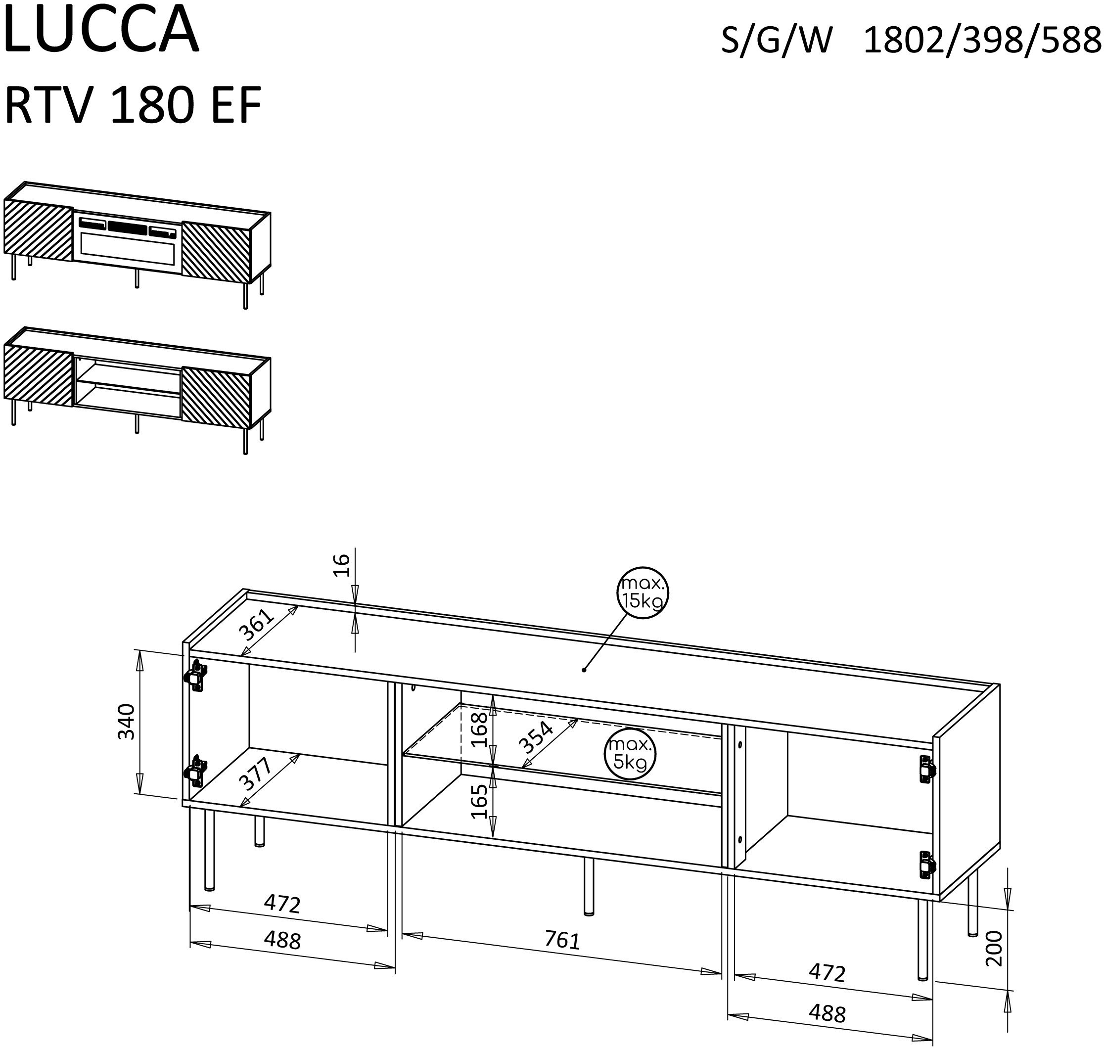 Kabinet TV Cama Meble Lucca, 180x40x59 cm, MDF, e bardhë