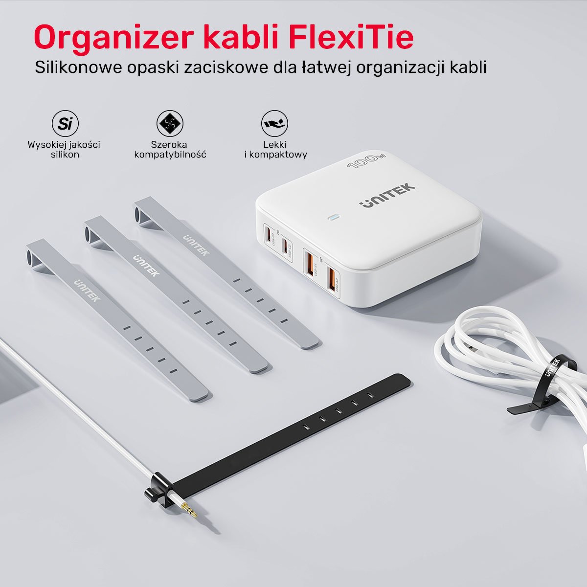Shiritë silikoni për kabllo Unitek, set 5 copë, të zinj dhe gri