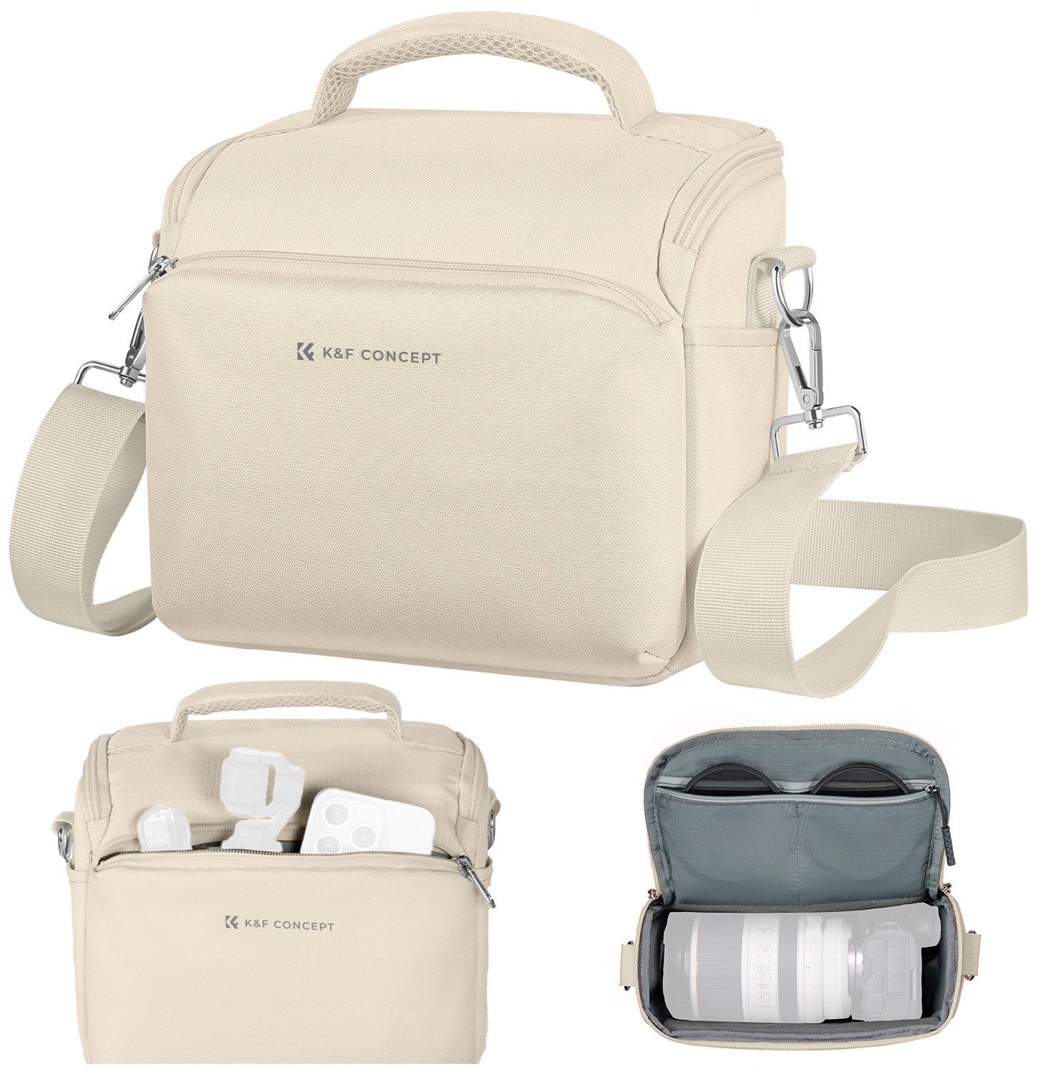 Çantë shpatulle për aparat fotografik K&amp;F Concept Sling Bag Small, për DSLR SLR dhe kamera kompakte, bezhë