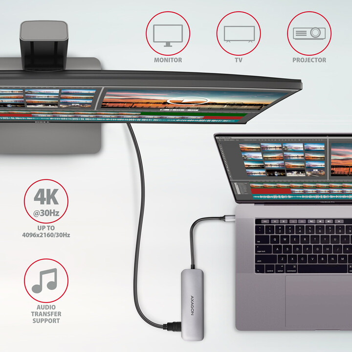Hub shumëfunksional AXAGON HUB 6në1 USB 3.2 Gen 1, 3x USB-A, HDMI, SD/microSD, PD 100W, kabllo USB-C 20cm