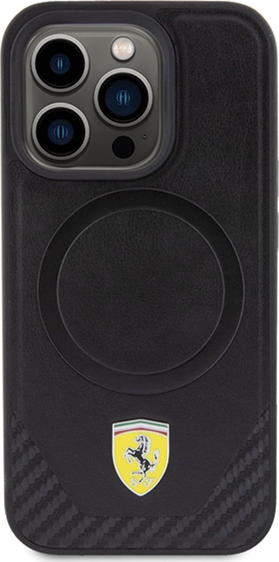 Mbrojtëse telefoni Ferrari Carbon Metal Logo me MagSafe, për iPhone 15 Pro, e zezë