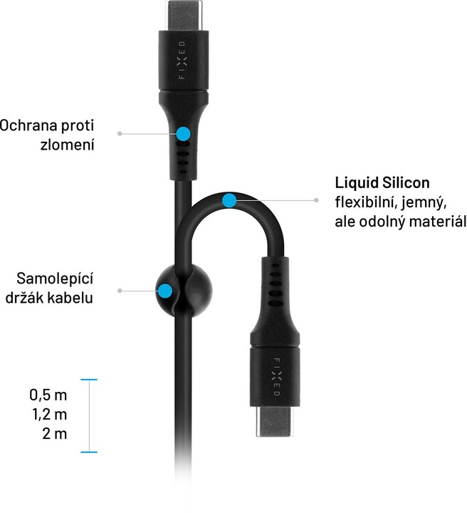 Kabllo karikimi dhe për të dhëna FIXED Liquid USB-C - USB-C, USB 2.0, PD 60W, 1.2m, black