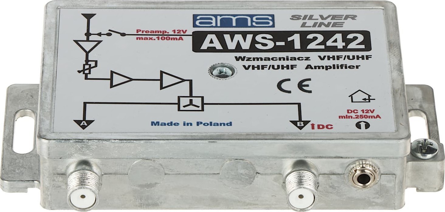 Amplifikator antene AMS AWS-1242, 1 hyrje 2 dalje, 87–790 MHz, gri