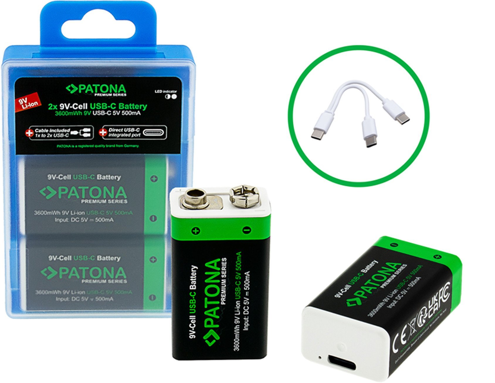 Bateri e rikarikueshme PATONA Premium LR22 6F22, 400mAh, USB C, 2 copë