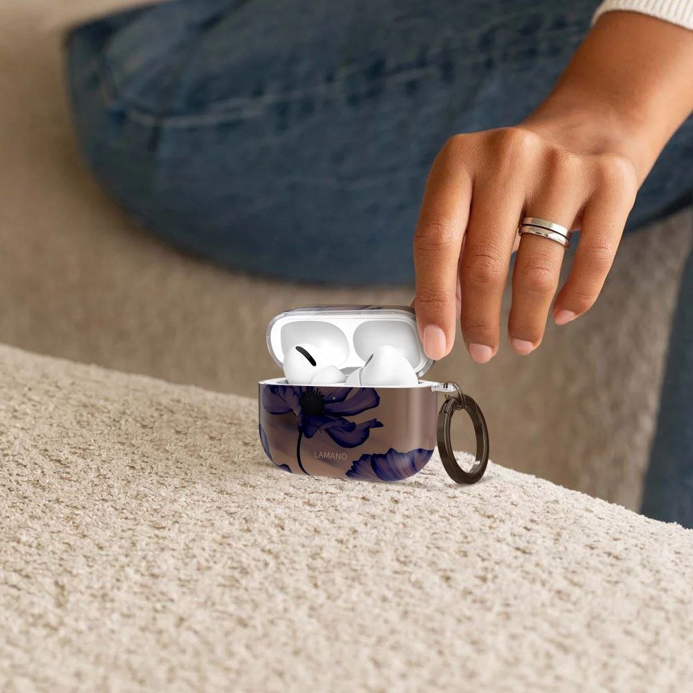 Mbulesë Tech-Protect Lamano për Apple AirPods Pro 3, PC, me karabinë, kafe me lule blu të errët