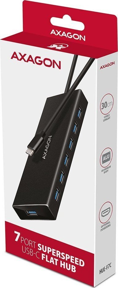USB HUB Axagon HUE-F7A, 7x USB 3.2 Gen 1, kabllo USB-C 30 cm, alumini