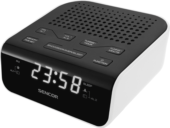Radio orë Sencor SRC 136 WH, alarm i dyfishtë, FM, bardh e zi