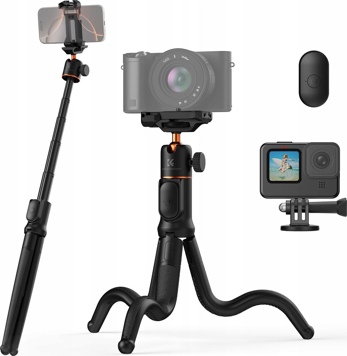 Флексибилен трипод К&amp;F Concept MS29, со далечински управувач, универзален за камери и телефони, црн