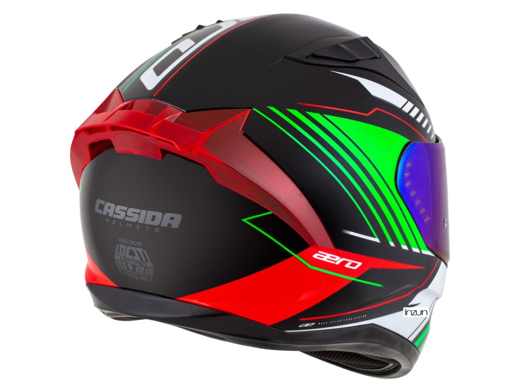 Helmetë moto CASSIDA Aero Drome 2026, integrale, polikarbonat, e zezë metalike kuqe gjelbër bardhë