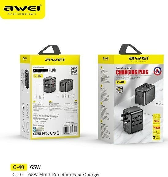 Karikues udhëtimi Awei C-40 GaN, 65W, 2x USB 3x USB C, i zi
