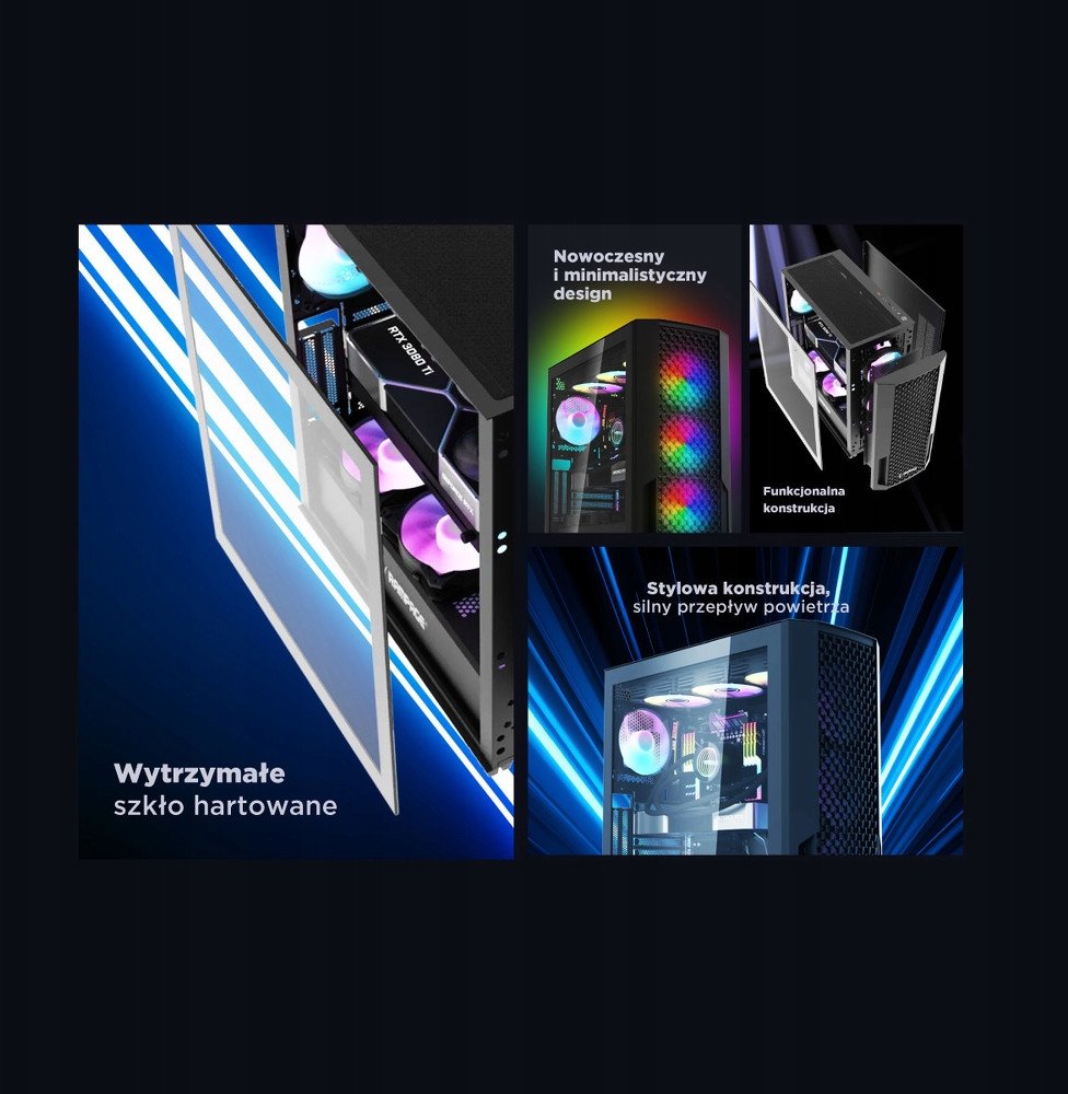 Kути за компјутер Rampage Shelob Mid Tower, 4 ARGB ладици, калено стакло, црна