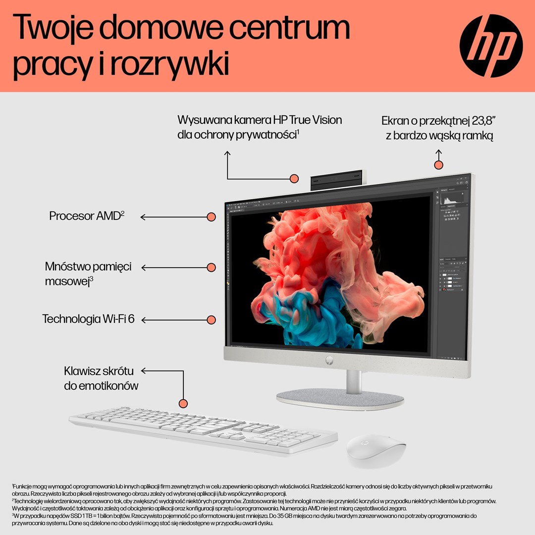 Kompjuter All-in-One HP 24-cr0005nw, Ryzen 5 7520U, 23.8", 8GB RAM, i bardhë