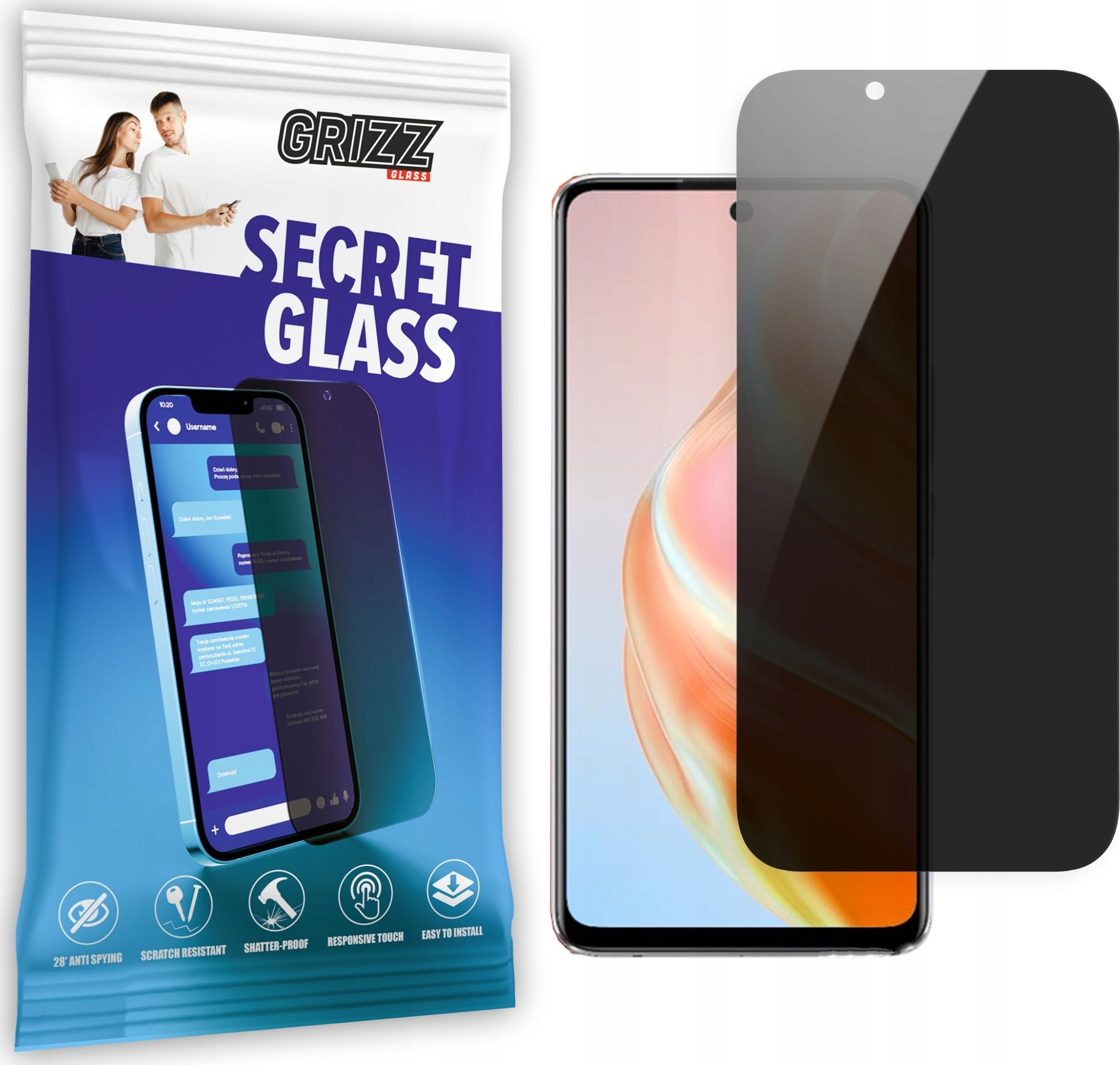 Qelq mbrojtës privat Grizz SecretGlass për Infinix Zero 20, mbrojtje ekran, transparencë e lartë, i zi