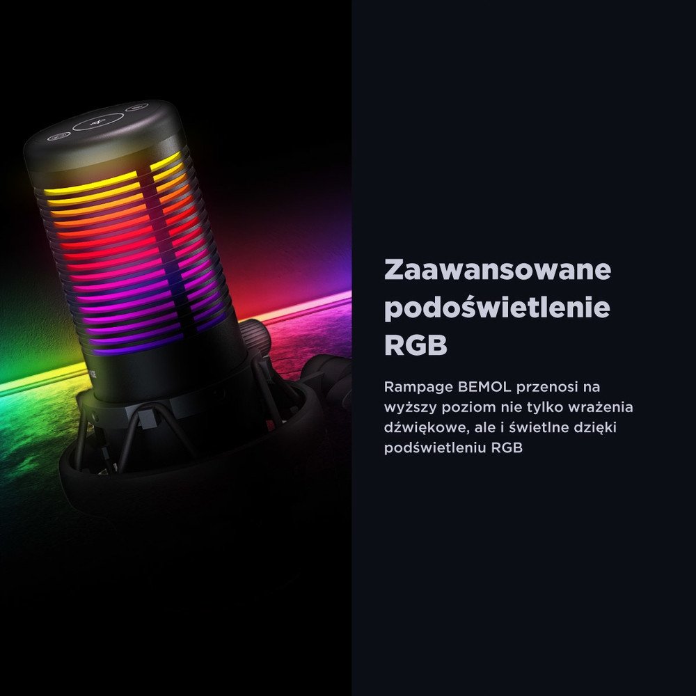 Mикрофон за маса Rampage Bemol RGB, капацитивен, 3.5mm и USB C, црн