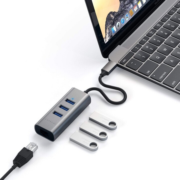 USB Hub Satechi USB-C 2in1 Ethernet, i hirtë