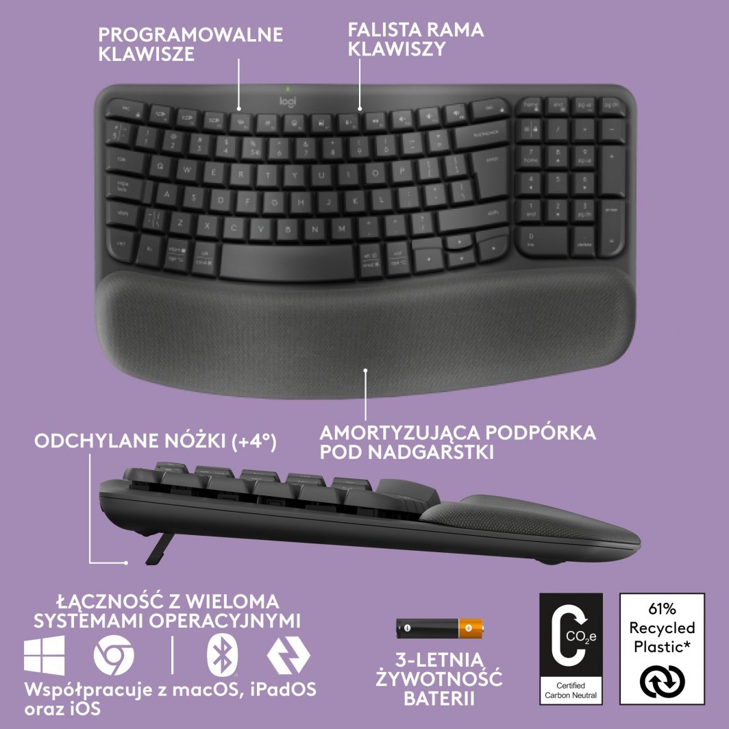 Tastierë Logitech Wave Keys, ergonomike, pa tela, grafit