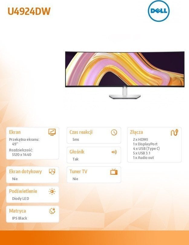 Monitor Dell UltraSharp U4924DW, 49'', 5120 x 1440, i bardhë 