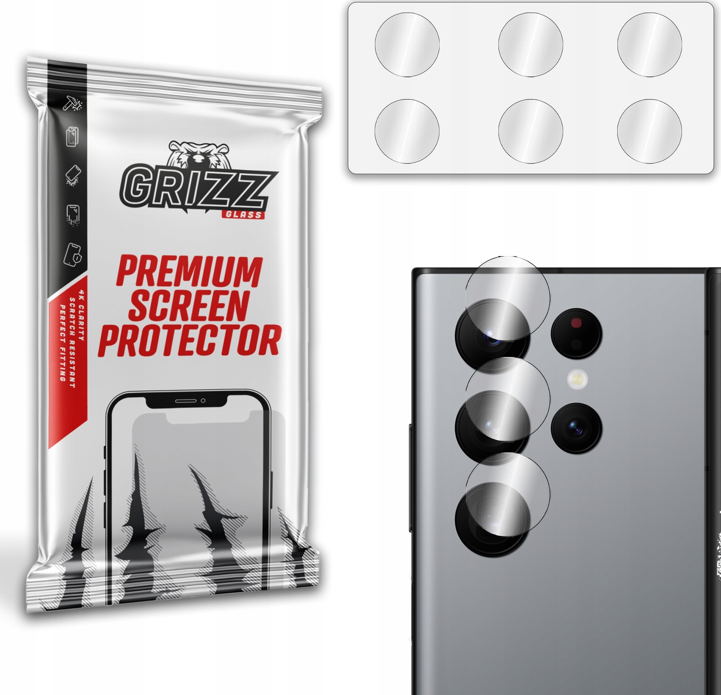 Mbrojtës kamerë GrizzGlass për Samsung Galaxy S22 Ultra, xham hibrid, set 2 copë, transparent