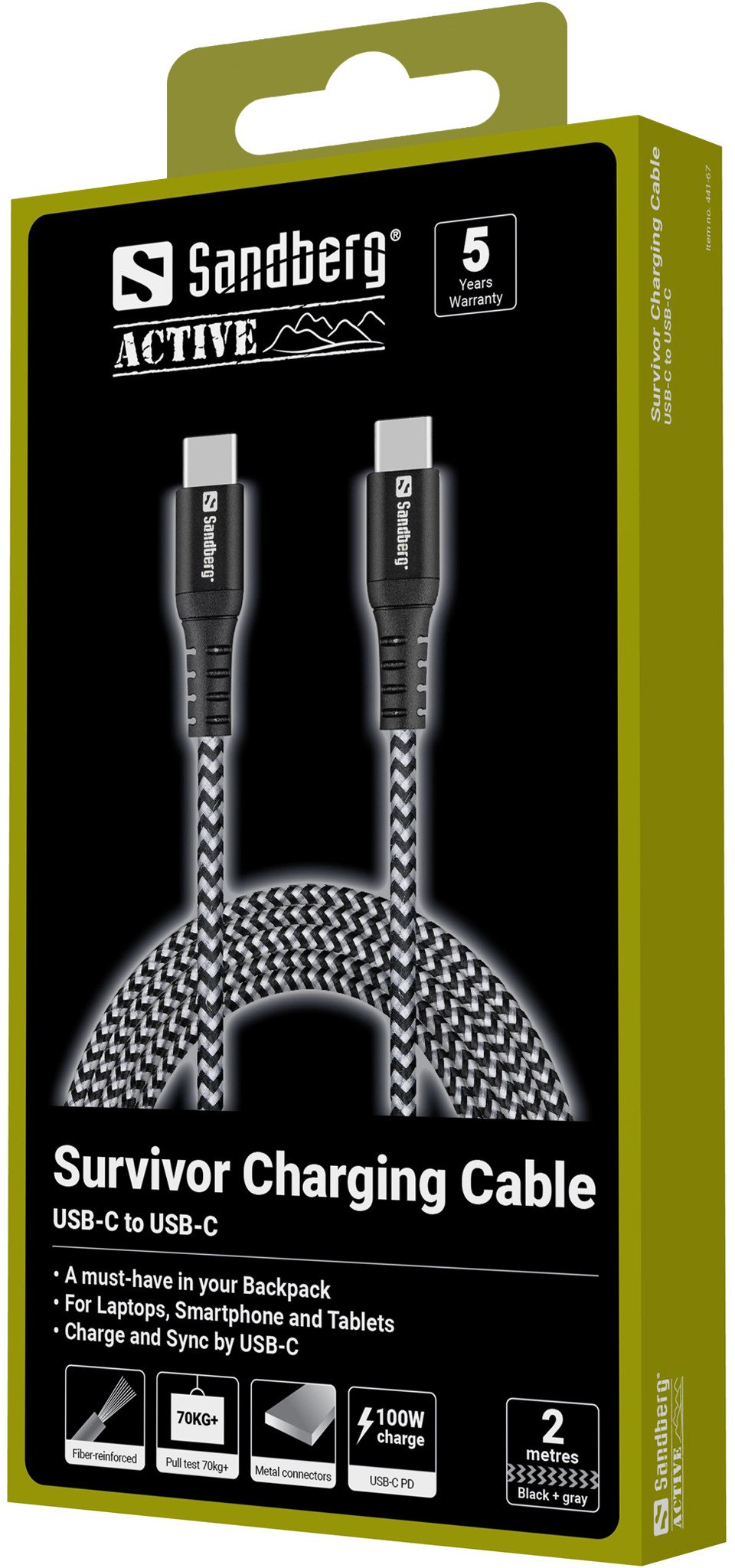 Кабел за полнење Sandberg Survivor USB C, 2m, 100W, црн