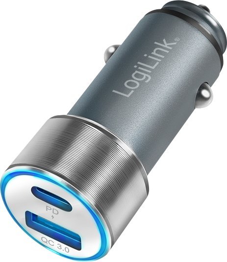 Полнач за автомобил LogiLink PA0252, 2 порти USB C PD и USB A QC, 36W, сив