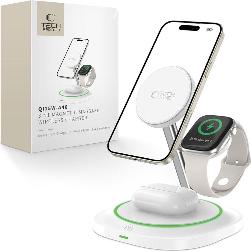 Karikues wireless 3 në 1 Tech-Protect QI15W-A46, 15W, për telefon orë kufje, i bardhë