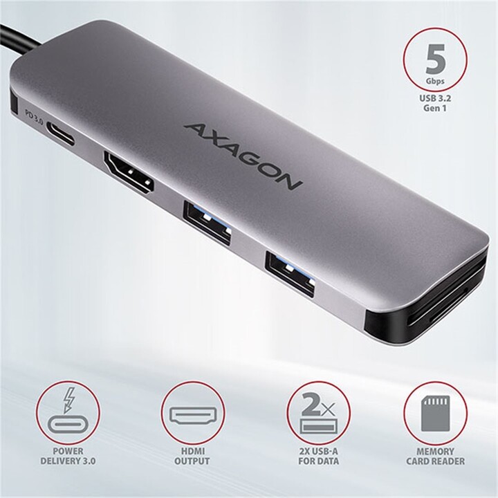 Hub multifunksional AXAGON, USB 3.2 Gen1, 2x USB-A, HDMI, SD / microSD, PD 100W