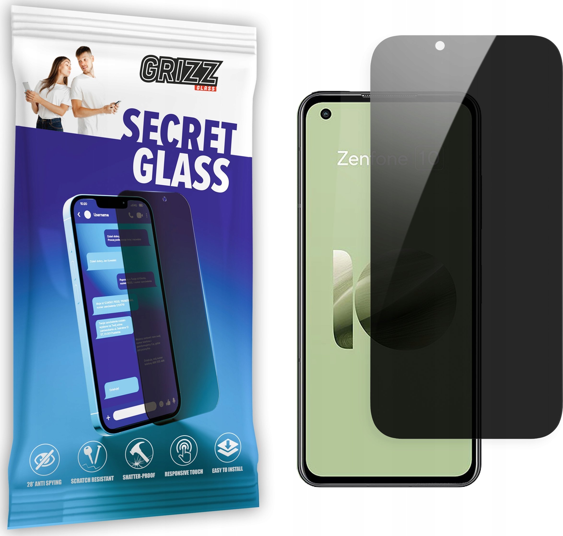 Xham mbrojtës GrizzGlass Matte SecretGlass për Asus ZenFone 10, privatësi, kundër gërvishtjeve