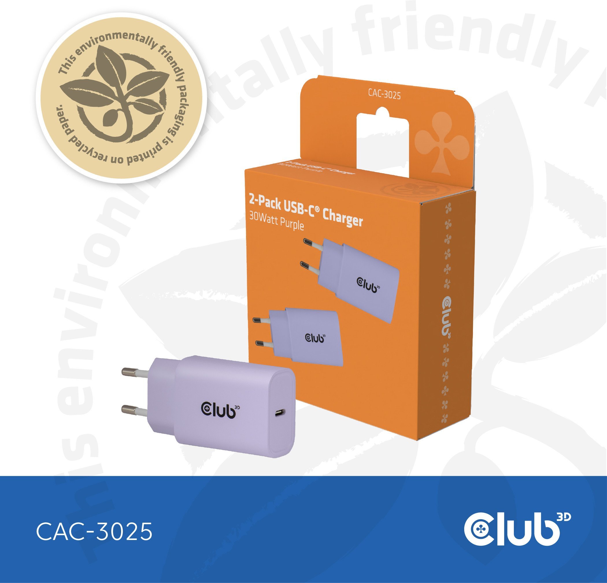 Karikues USB-C Club3D Lifestyle, 30W, set 2 copë, vjollcë