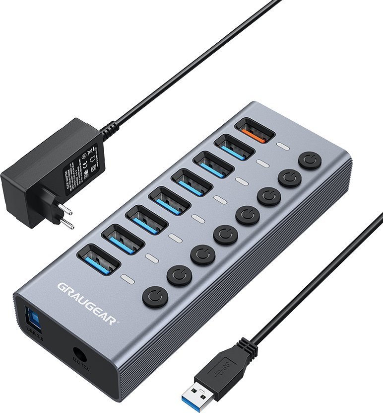 USB HUB Graugear G HUB71 A, 7 порти USB A 3.0, порта за полнење, сребрена