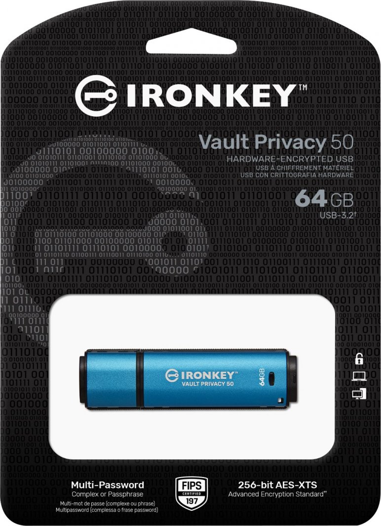 USB Kingston IronKey Privacy 50, 64 GB, i kaltër