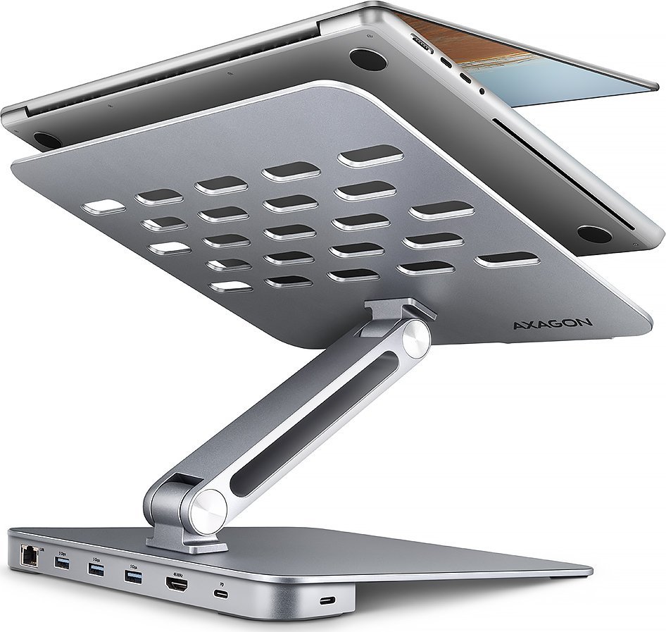 Stendë laptopi AXAGON HMC-STND, 10"-16", hub USB-C 7 në 1, gri