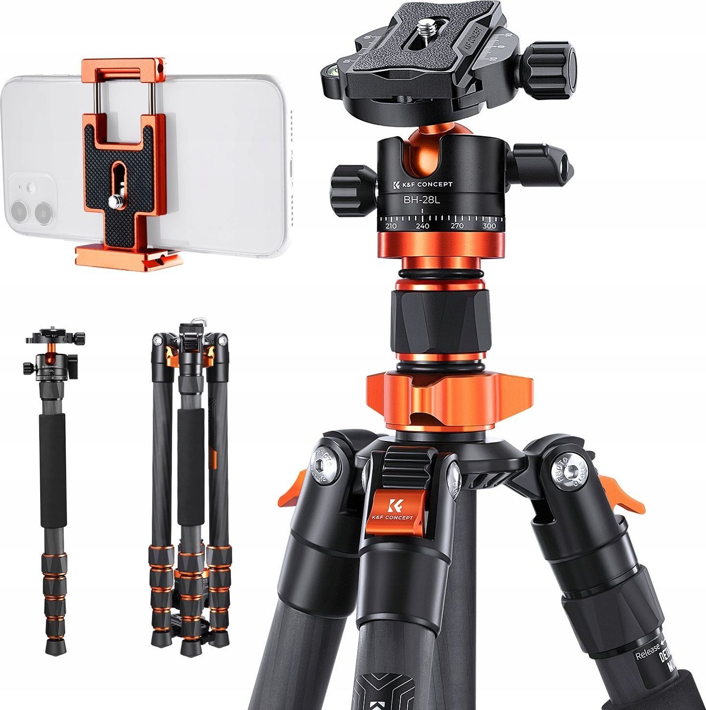 Tripod fotografik K&amp;F Concept SA255C1, fibër karboni, portokalli