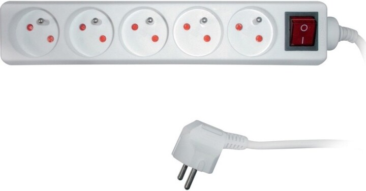 Kabllo zgjatëse Sencor, 5 priza, me buton, 1.5m, e bardhë