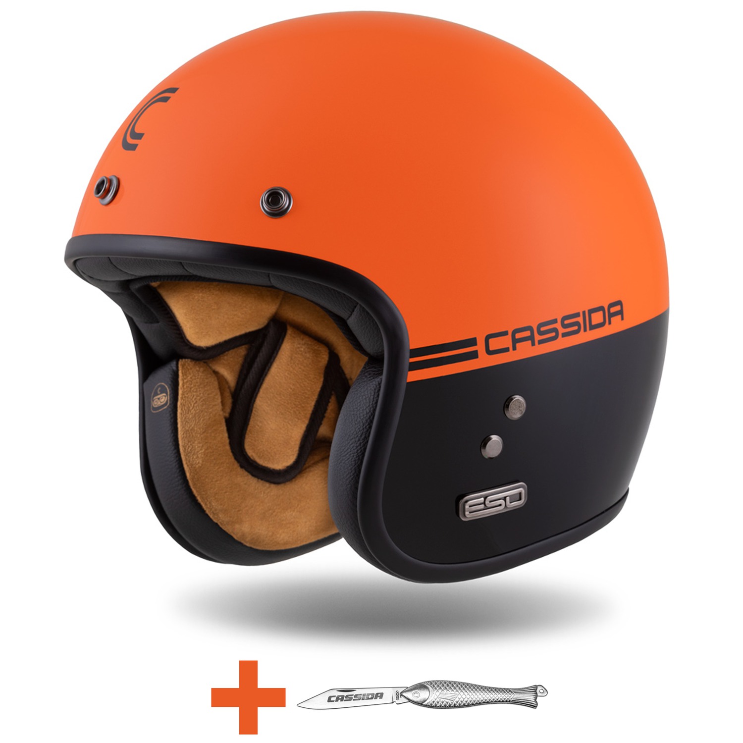 Helmë moto CASSIDA ESO Super Hooligan, open face, ECE 22.06, e zezë portokalli perlë