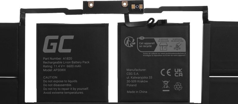 Bateri laptopi Green Cell A1820 për Apple MacBook Pro 15 A1707, 75Wh, Li Polymer, e zezë