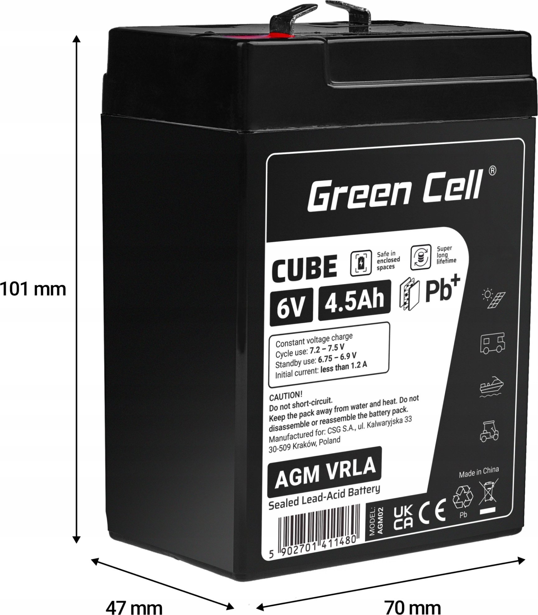 Bateri xheli Green Cell CUBE AGM 6V 4.5Ah, VRLA, IP54
