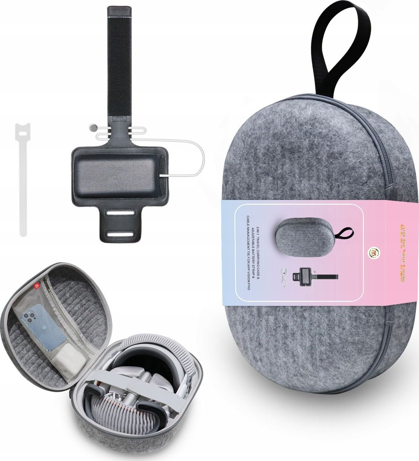 Set mbrojtës 3 në 1 JYS për Apple Vision Pro, kuti transporti, rrip krahu dhe organizues kabllosh, gri