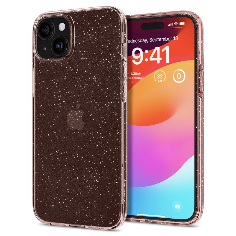 Mbrojtëse Spigen Liquid Crystal Glitter për iPhone 15 Plus, rozë/transparente