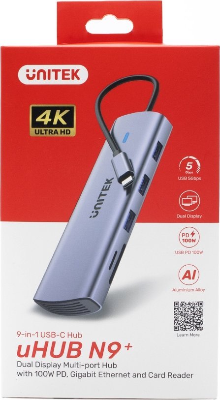Hub USB C Unitek 9in1, HDMI VGA, Gigabit Ethernet, gri