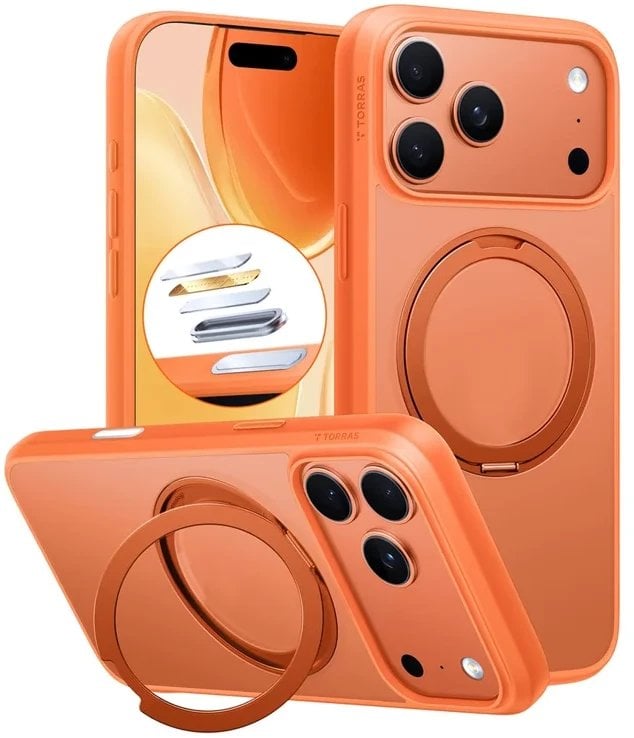 Mbulesë telefoni Torras Ostand Pro Series për iPhone 17 Pro, rezistente ndaj goditjeve, portokalli