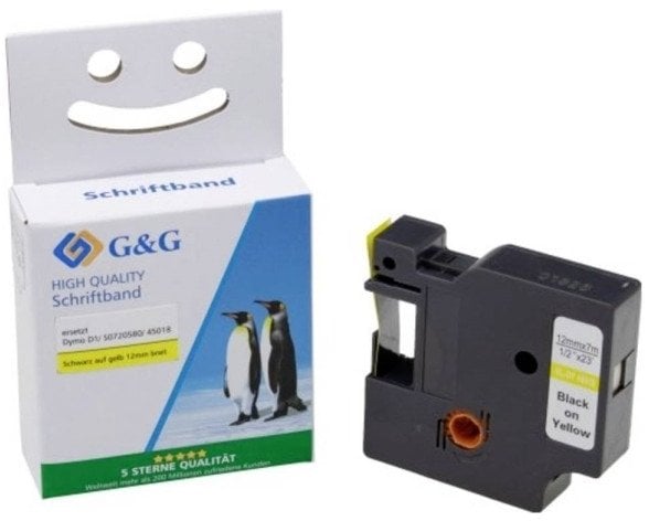 Rrip etiketime G&amp;G Label Tape, 12mm, 7m, i verdhë me tekst të zi