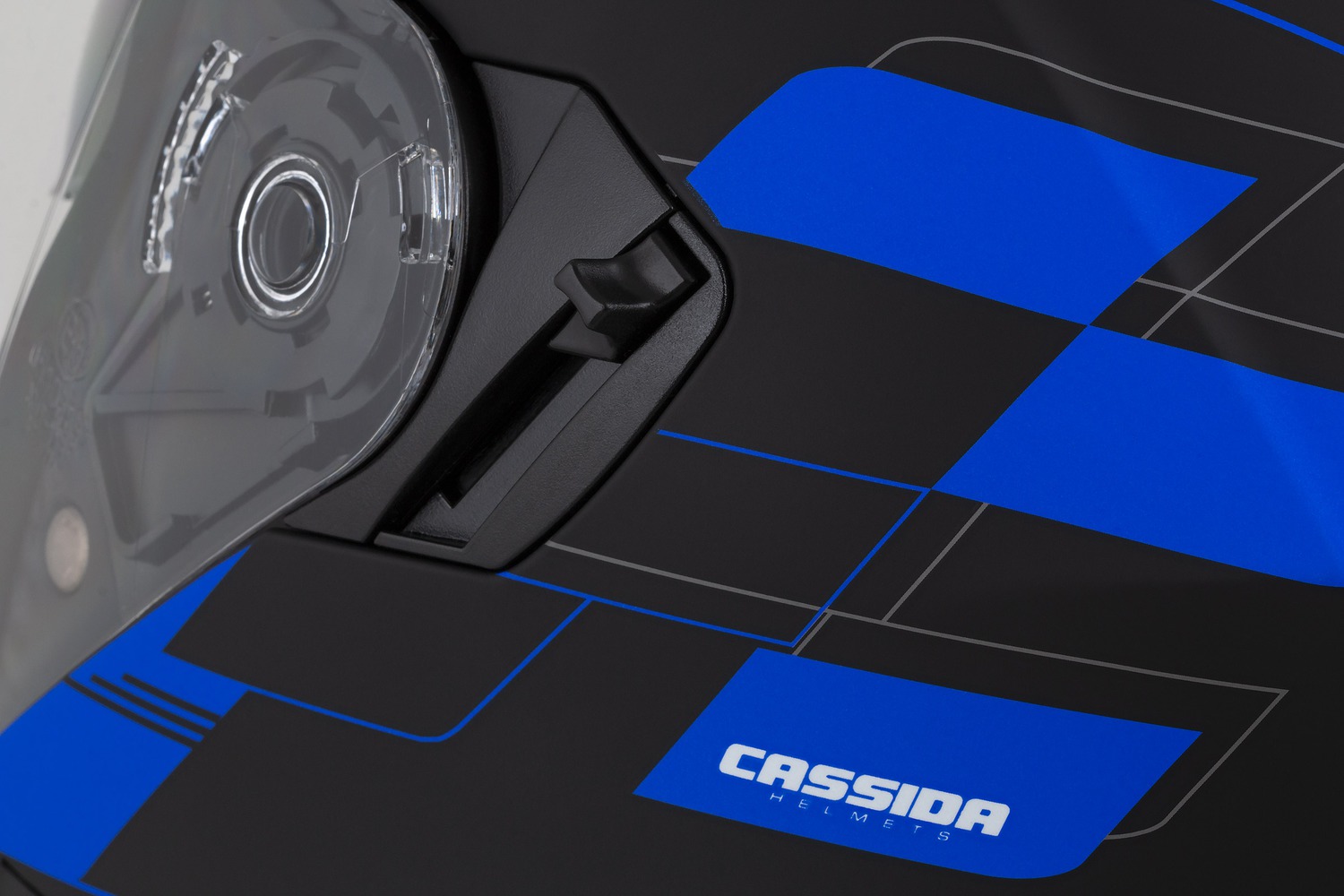 Helmeta jet Cassida Jet Tech RoxoR, polikarbonat, me diellore, e zezë mat me blu gri dhe e bardhë