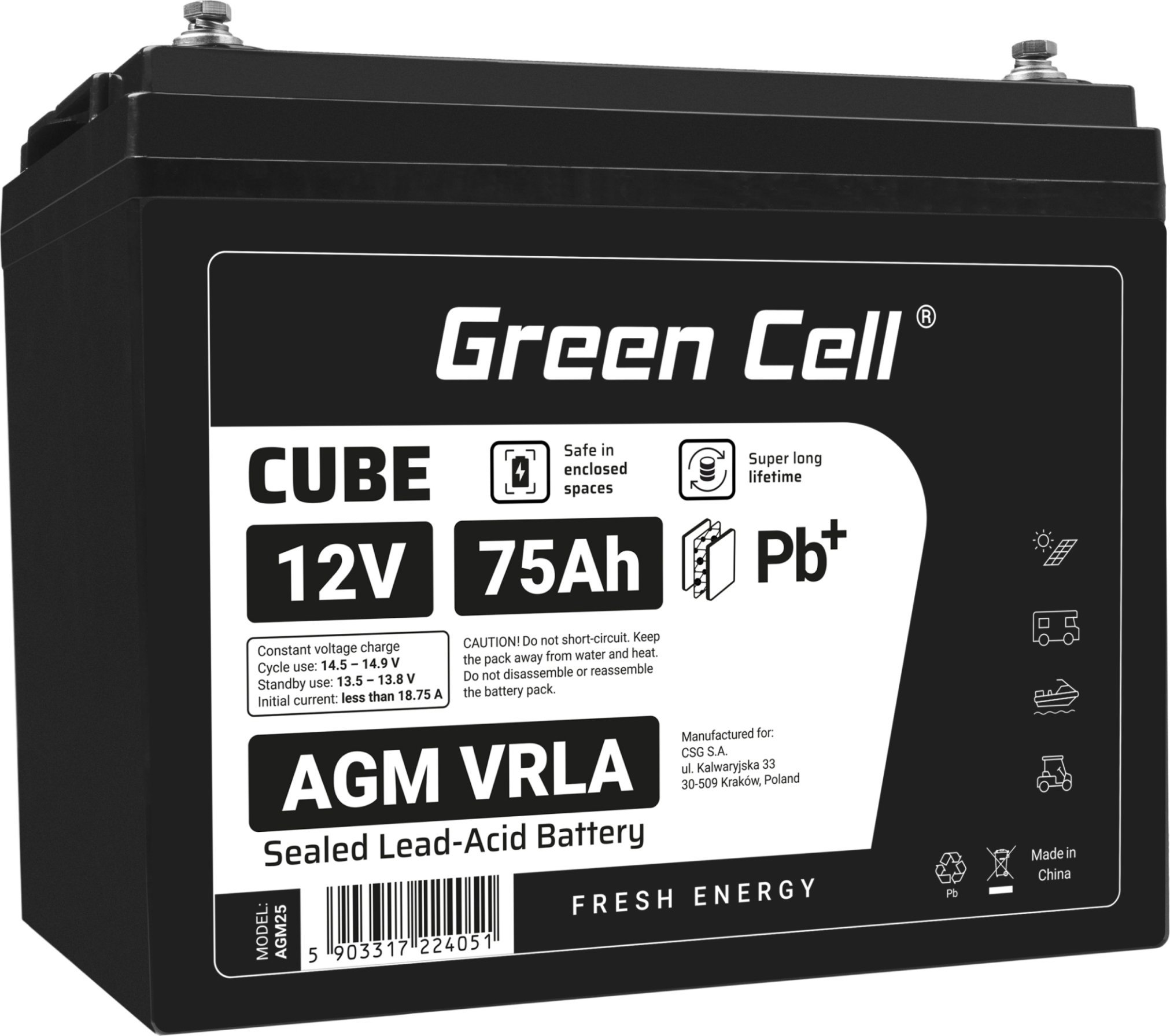 Bateri AGM Greencell 12V 75Ah VRLA, pa mirëmbajtje, gri