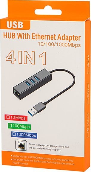Adapter rrjeti USB C në RJ45 me hub 3xUSB 3.0, Gigabit, gri