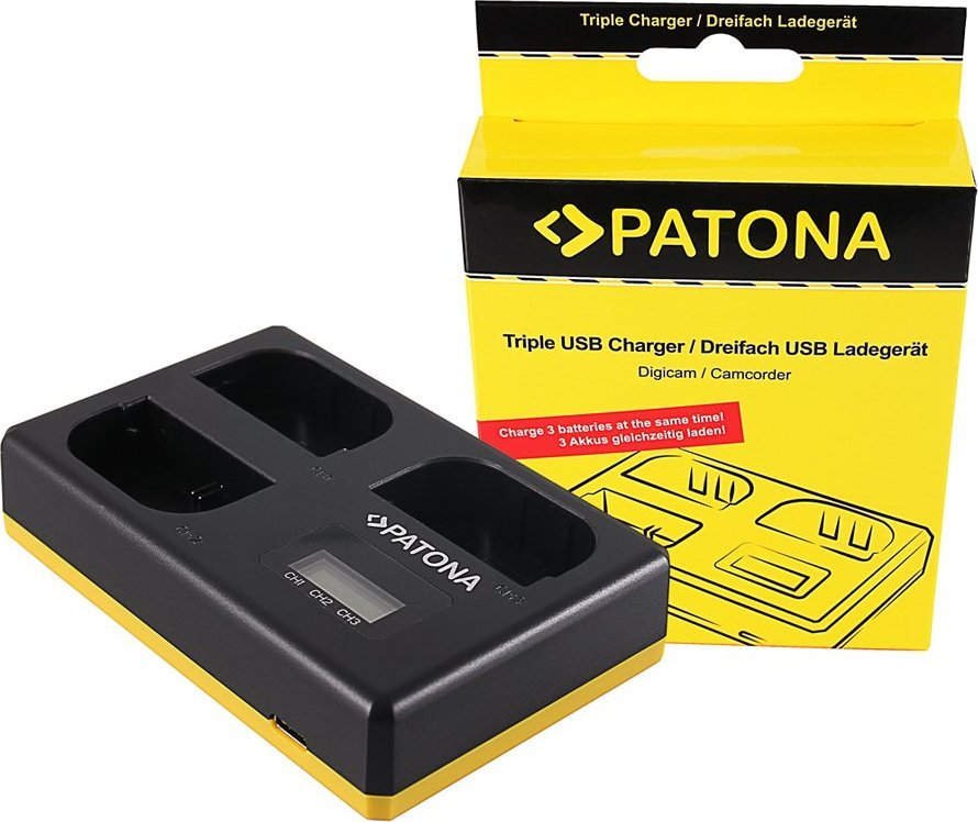 Karikues baterish PATONA Triple Pro Canon LP-E6, 3 slote, ekran LCD