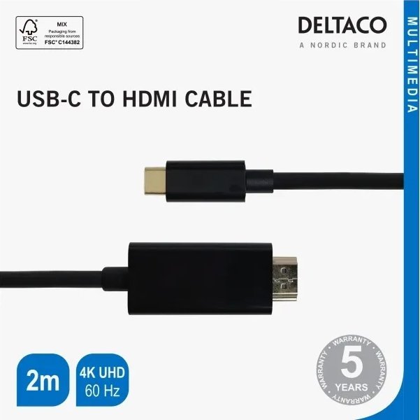 Видео кабел Делтацо УСБ-Ц во ХДМИ, 2m, 4К УХД, црн